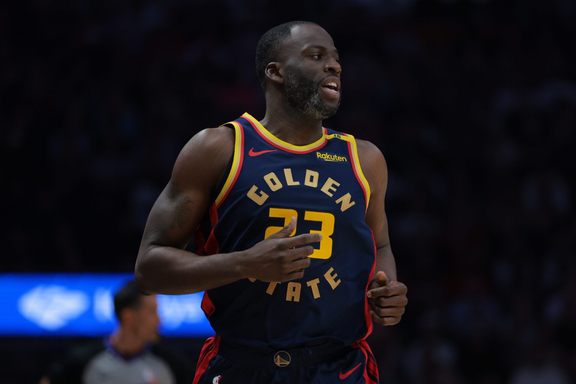 Golden State Warriors forward Draymond Green (23) looks on against the Miami Heat during the second quarter at Kaseya Center.