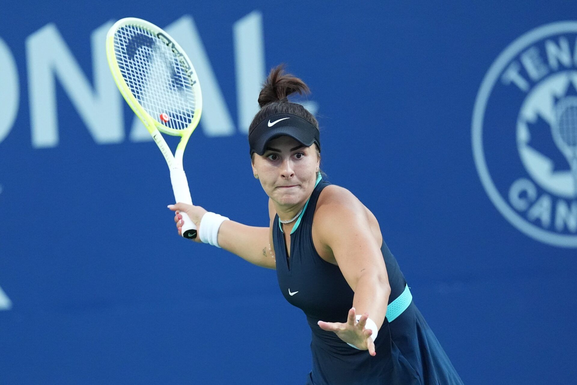 Bianca Andreescu (CAN) sets up to hit a ball to Lesia Tsurenko (not pictured) during first round play at Sobeys Stadium.