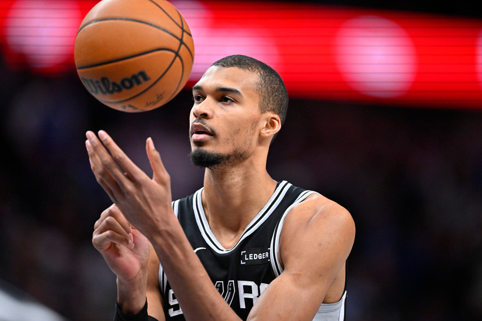 San Antonio Spurs forward Victor Wembanyama (1) attempts a free throw during the second half against the Dallas Mavericks at the American Airlines Center.