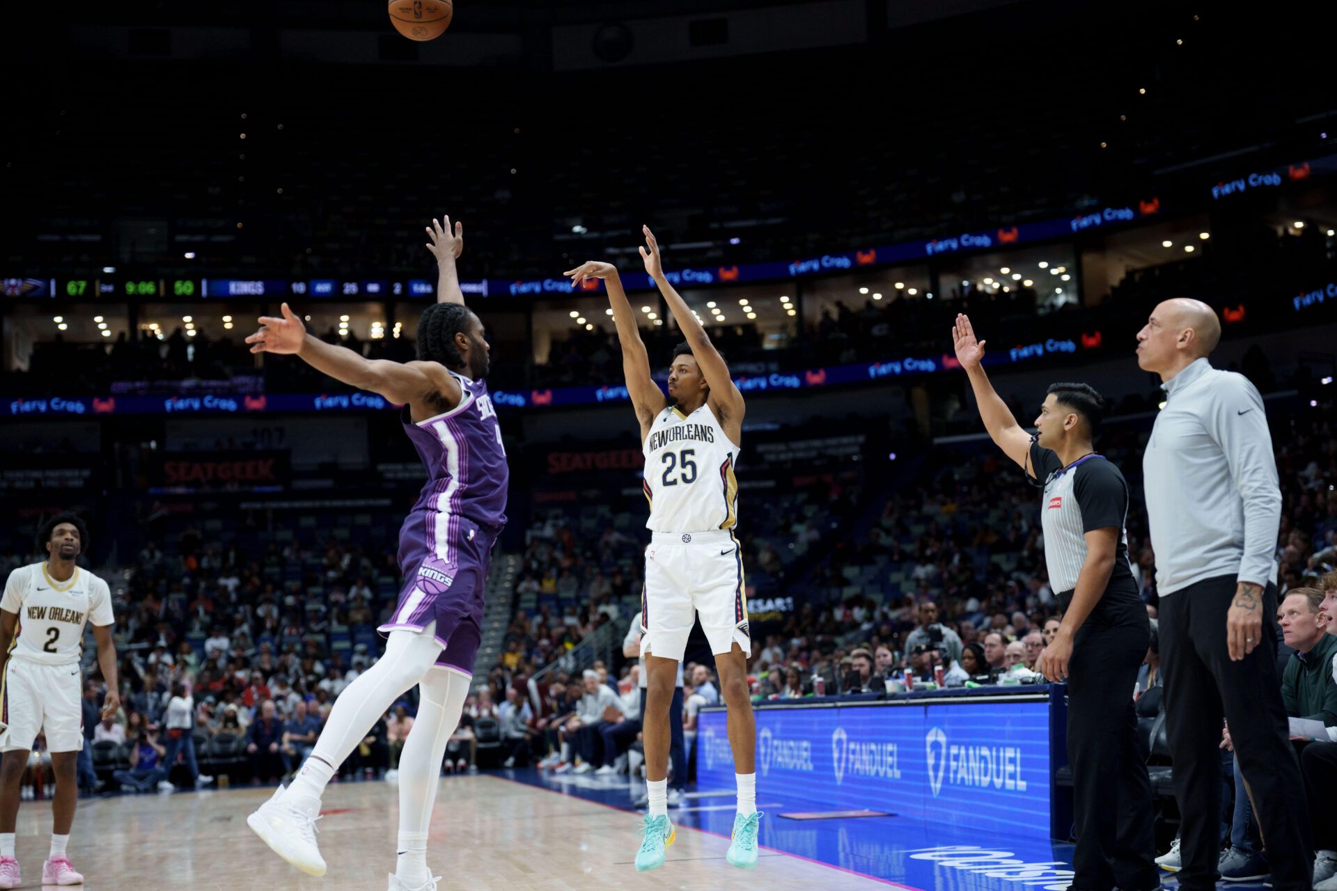 New Orleans Pelicans forward Trey Murphy III (25) shoot a three over Sacramento Kings forward Precious Achiuwa (9) during the second half at Smoothie King Center.