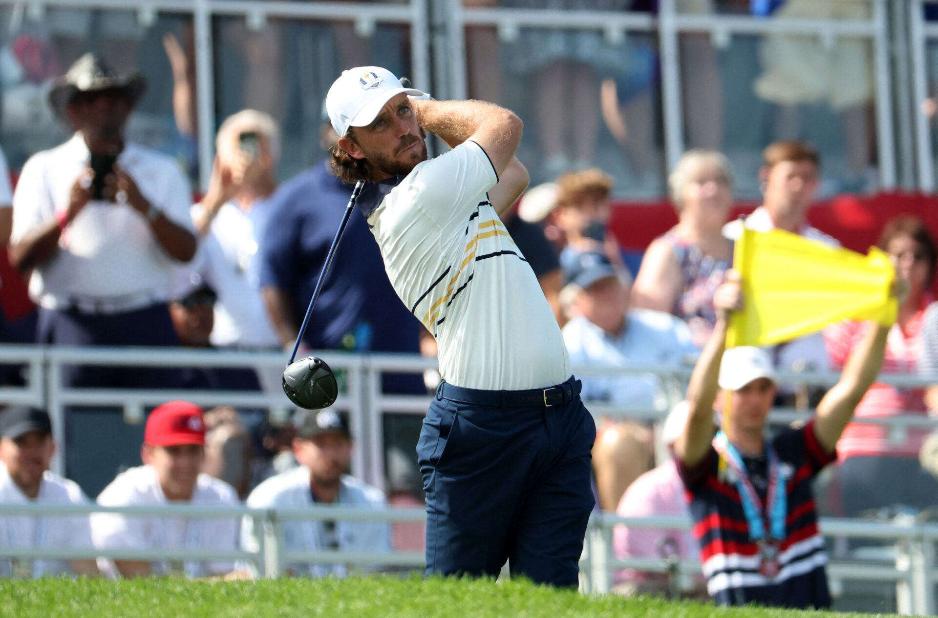 [US, Mexico & Canada customers only] Sep 28, 2025; Bethpage, New York, USA; Team Europe's Tommy Fleetwood hits his tee shot on the 1st hole during the singles on the final day of competition for the Ryder Cup at Bethpage Black.