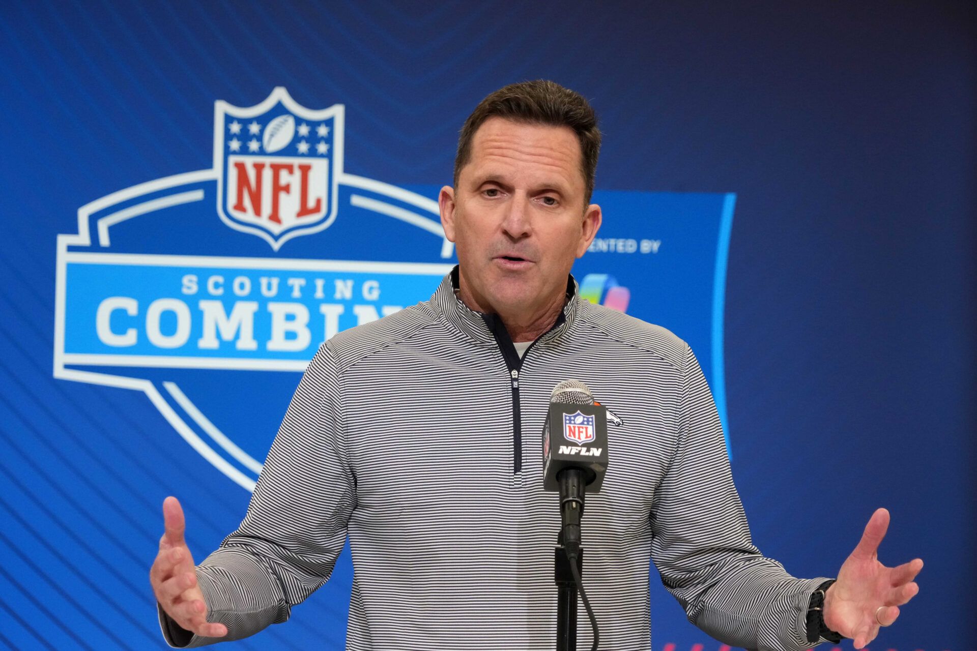 Denver Broncos general manager George Paton speaks during the NFL Scouting Combine at the Indiana Convention Center.