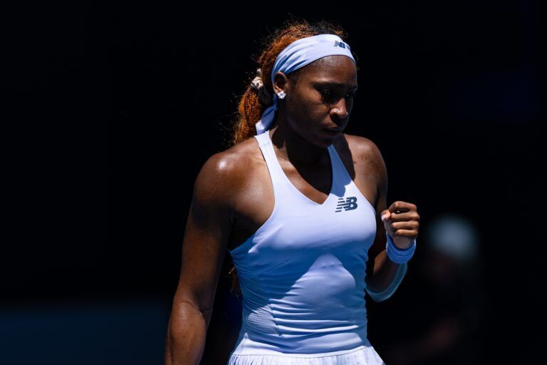 Coco Gauff of United States in action against Kamilla Rakhimova of Uzbekistan in the first round of the women’s singles at the Australian Open at Rod Laver Arena in Melbourne Park.