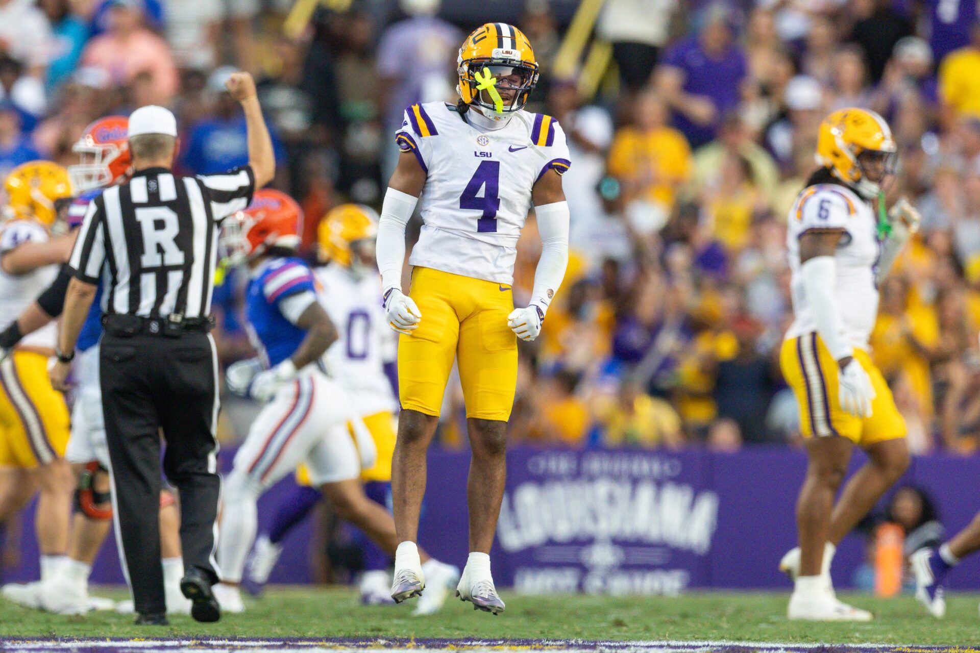 LSU Tigers cornerback Mansoor Delane (4) reacts to Florida Gators quarterback DJ Lagway (not pictured) making an incomplete pass during the first half at Tiger Stadium.