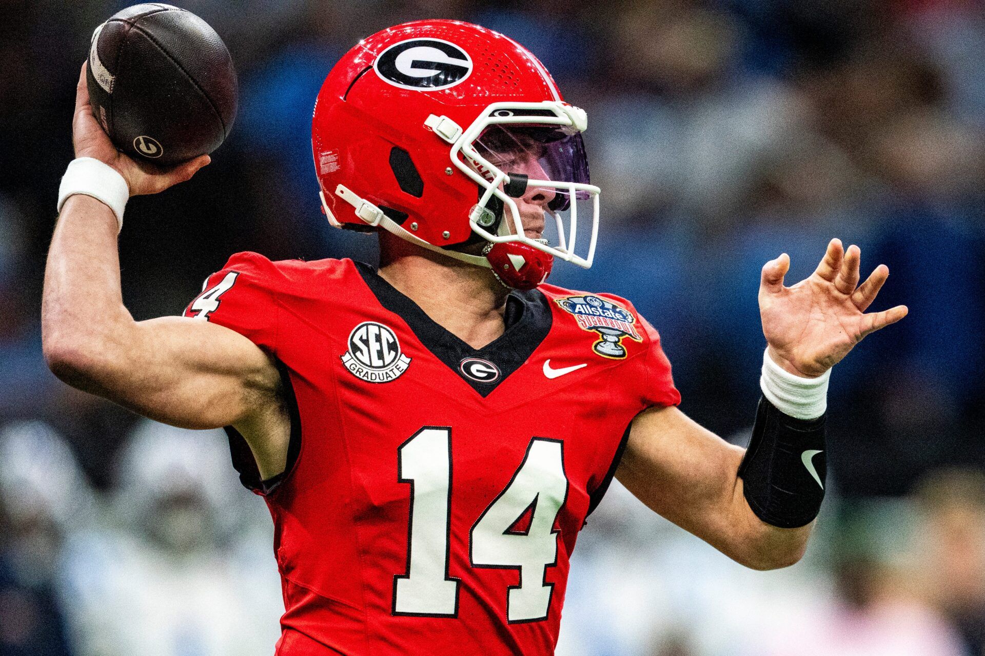 Georgia quarterback Gunner Stockton (14) passes the ball during the Sugar Bowl and College Football Playoff quarterfinals at Caesars Superdome in New Orleans, La., on Thursday, Jan. 1, 2026. Ole Miss defeated Georgia 39-34.
