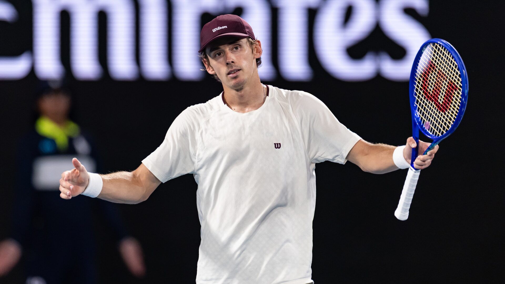 Alex de Minaur of Australia in action against Carlos Alcaraz of Spain in the quarterfinals of the men’s singles at the Australian Open at Rod Laver Arena in Melbourne Park.