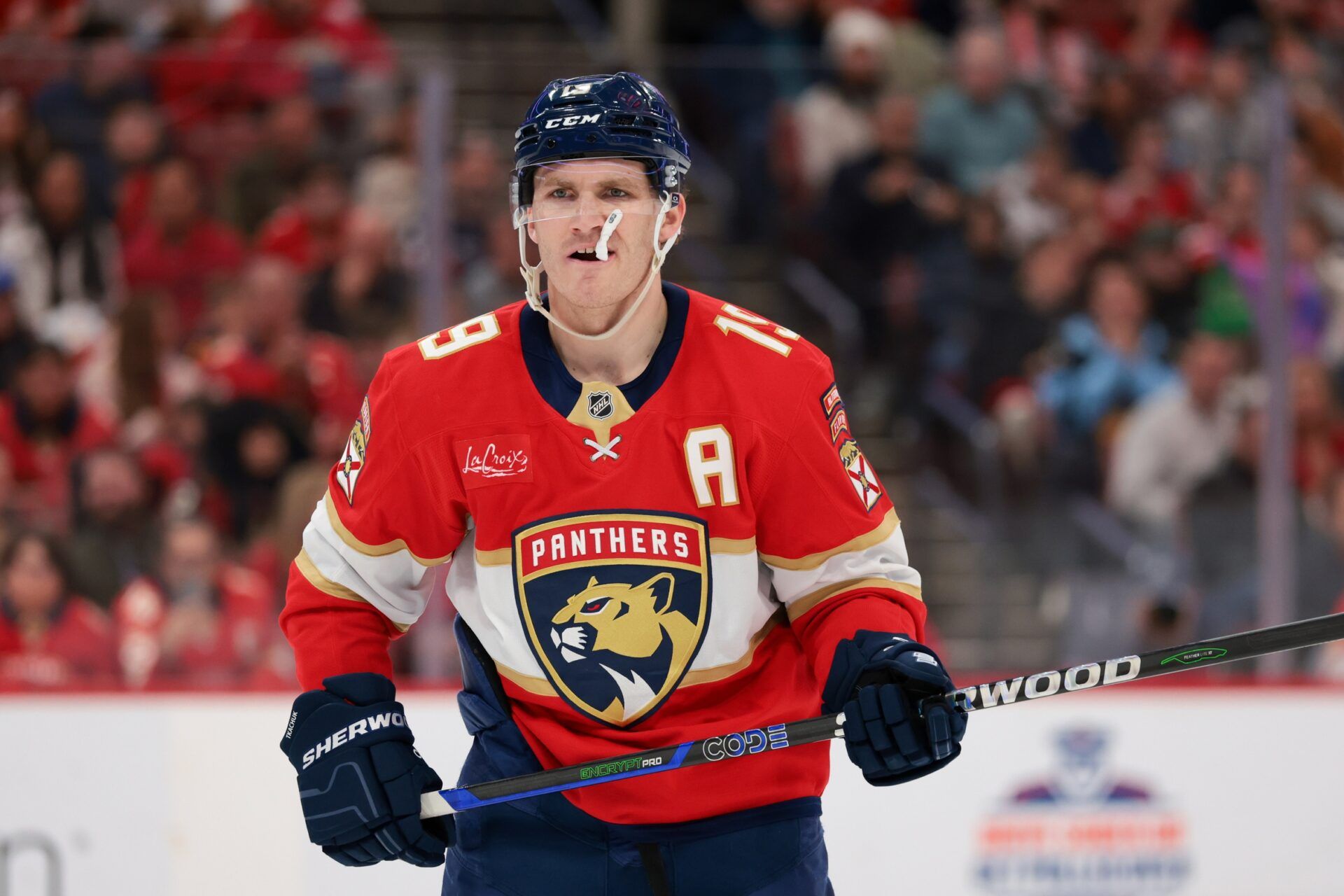 Florida Panthers left wing Matthew Tkachuk (19) looks on against the Winnipeg Jets during the second period at Amerant Bank Arena.