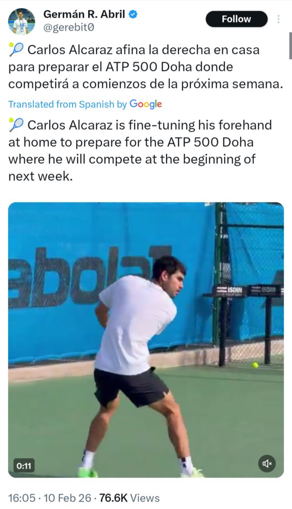 Carlos Alcaraz ramps up preparations for Qatar Open (Image via @gerebit10 on X)