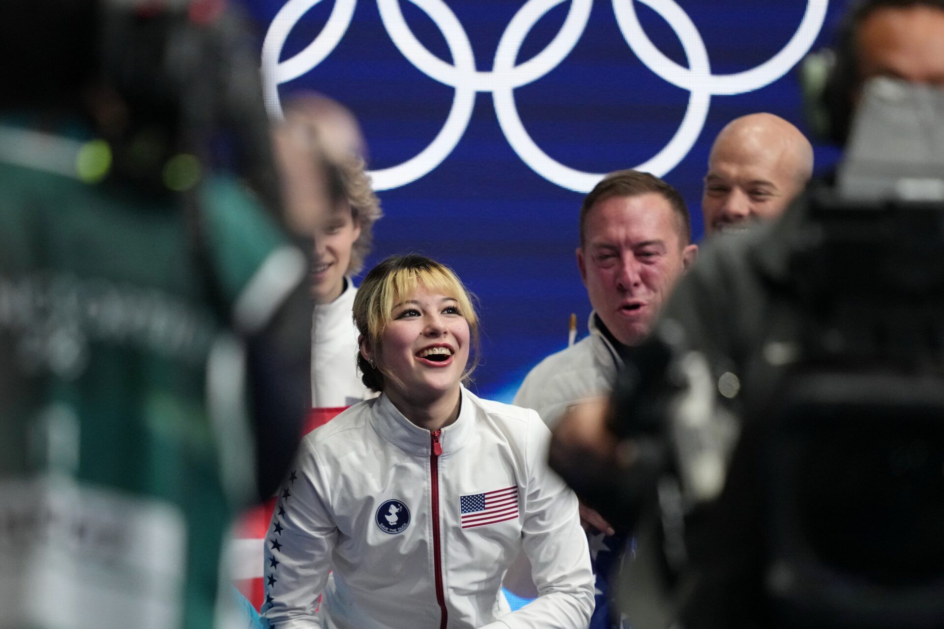 Alysa Liu of the United States reacts after performing in the women's singles short program during the Milano Cortina 2026 Olympic Winter Games at Milano Ice Skating Arena.