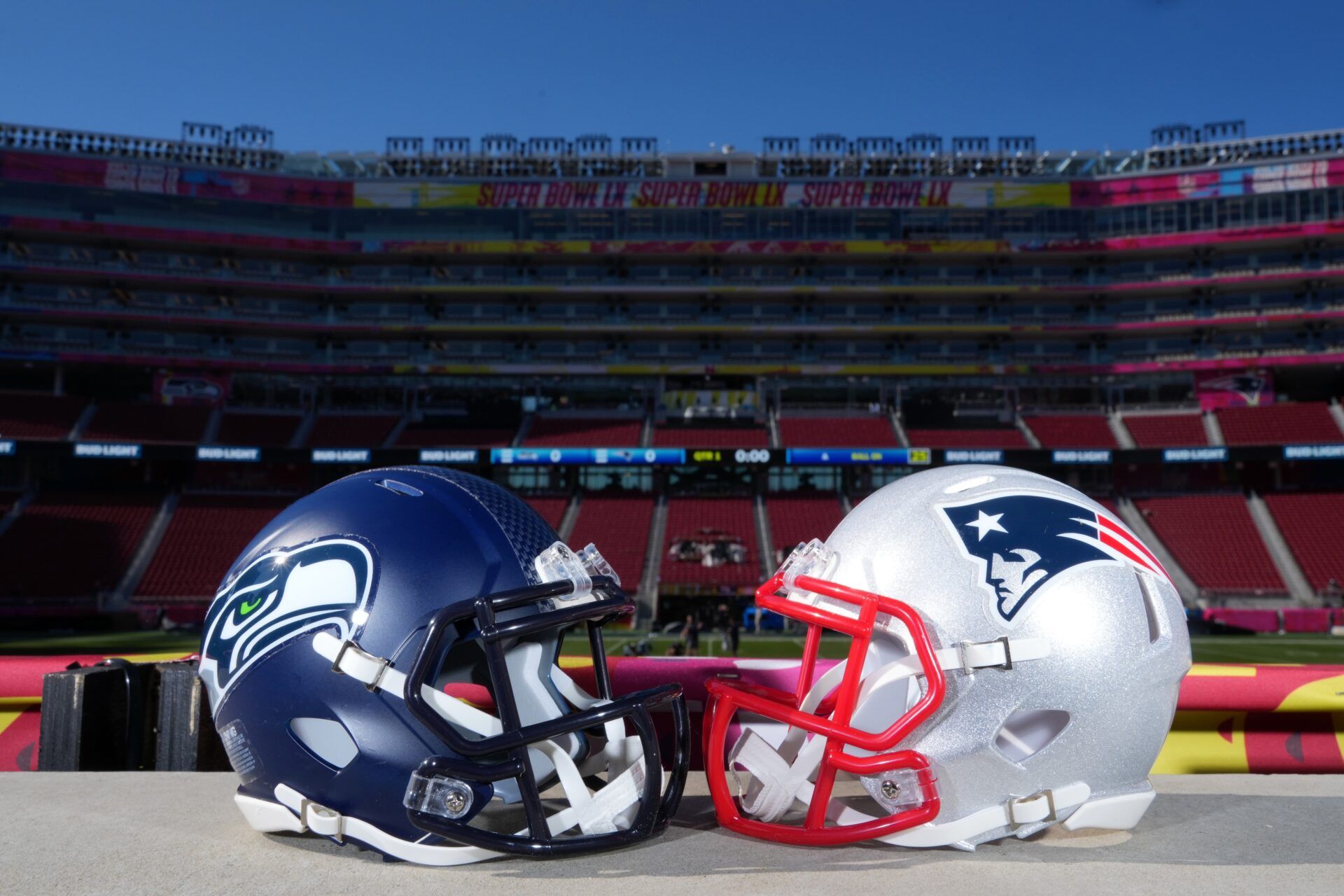 Seattle Seahawks and New England Patriots helmets at Levi's Stadium.