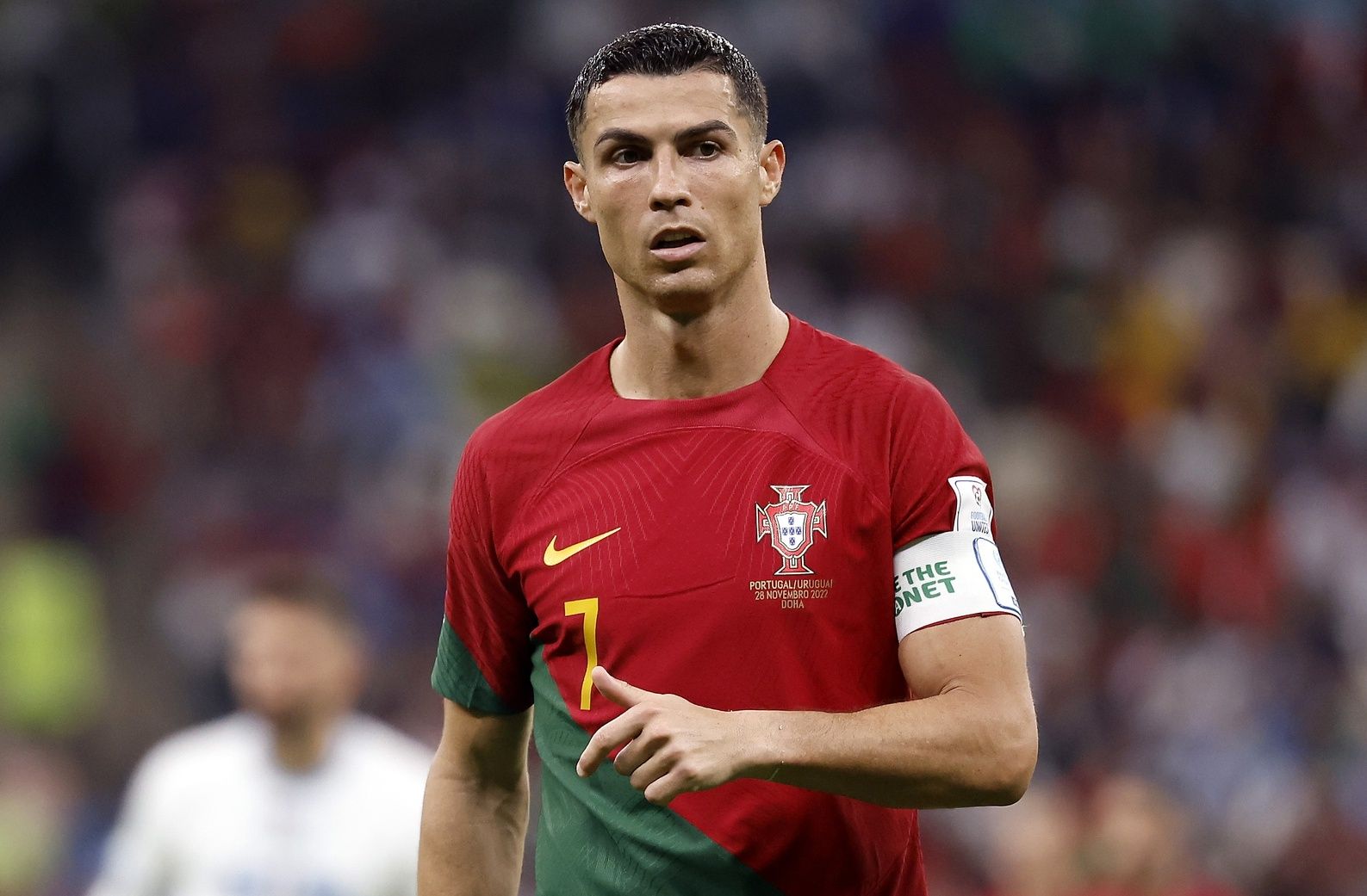 Portugal forward Cristiano Ronaldo (7) against Uruguay during the second half of the group stage match in the 2022 World Cup at Lusail Stadium.