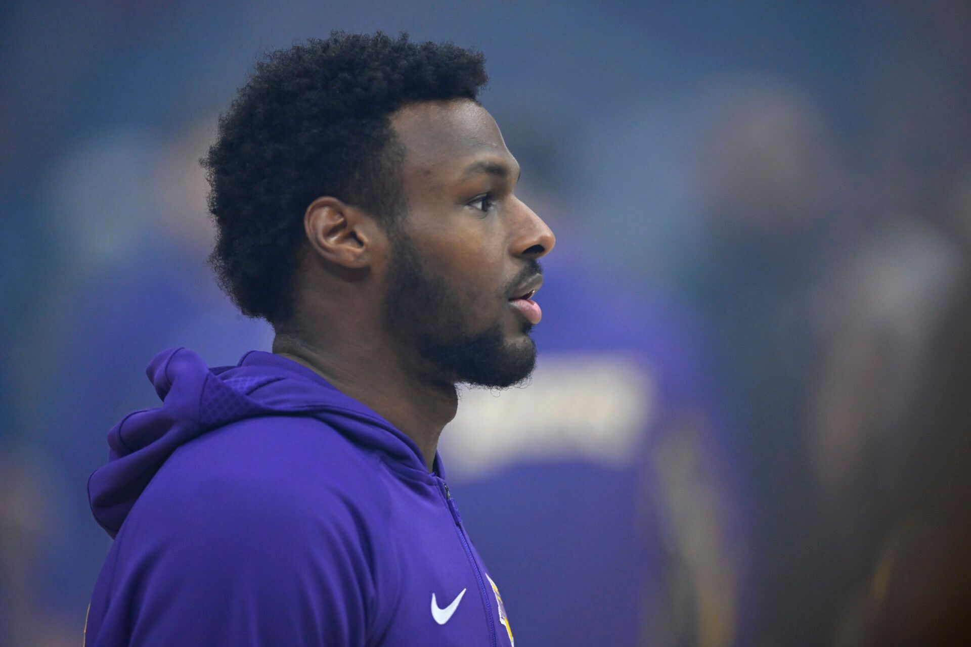 Los Angeles Lakers guard Bronny James (9) stands on the court before a game against the Cleveland Cavaliers at Rocket Arena.