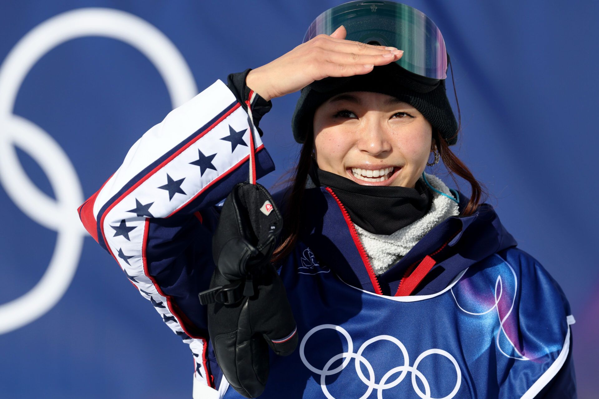 Chloe Kim of the United States reacts after her run during women's snowboard halfpipe qualification during the Milano Cortina 2026 Olympic Winter Games at Livigno Snow Park.