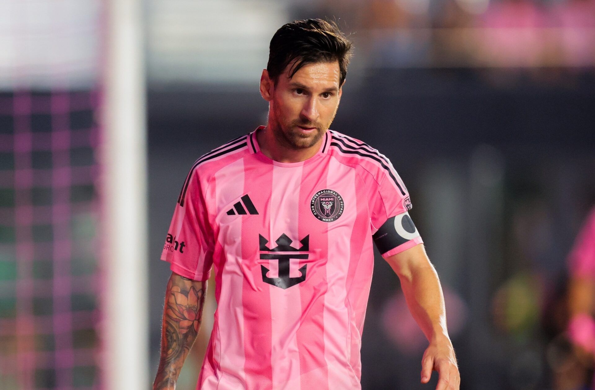 Inter Miami CF forward Lionel Messi (10) looks on against the Columbus Crew during the first half at Chase Stadium.