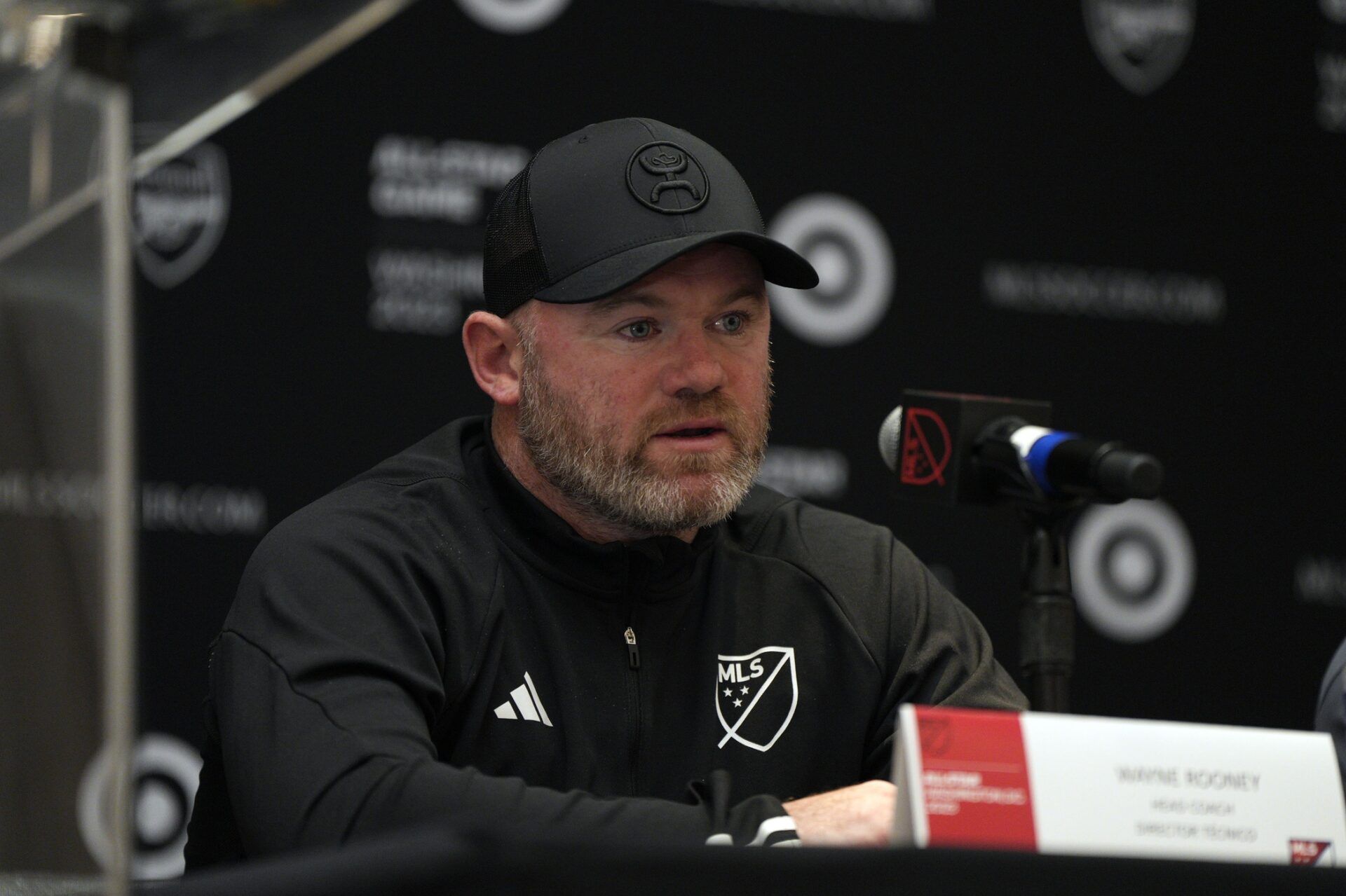MLS head coach Wayne Rooney (hc) of D.C. United speaks during a press conference the day before the 2023 MLS All Star Game at Hotel Washington.