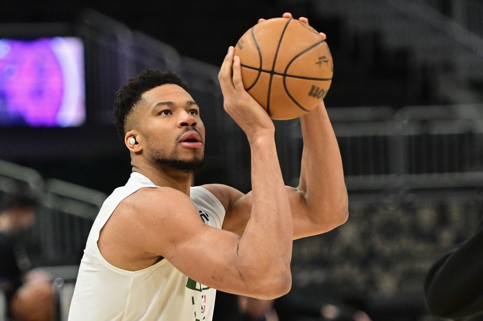 Milwaukee Bucks forward Giannis Antetokounmpo (34) warms up before game against the Minnesota Timberwolves at Fiserv Forum.