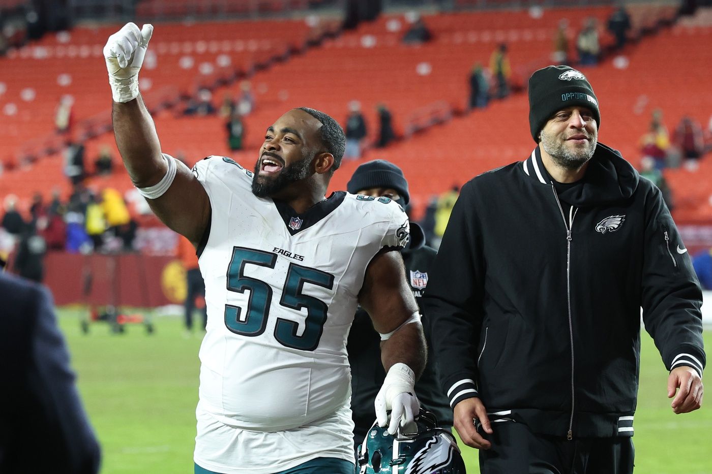 Philadelphia Eagles defensive end Brandon Graham (55) celebrates after defeating the Washington Commanders at Northwest Stadium.
