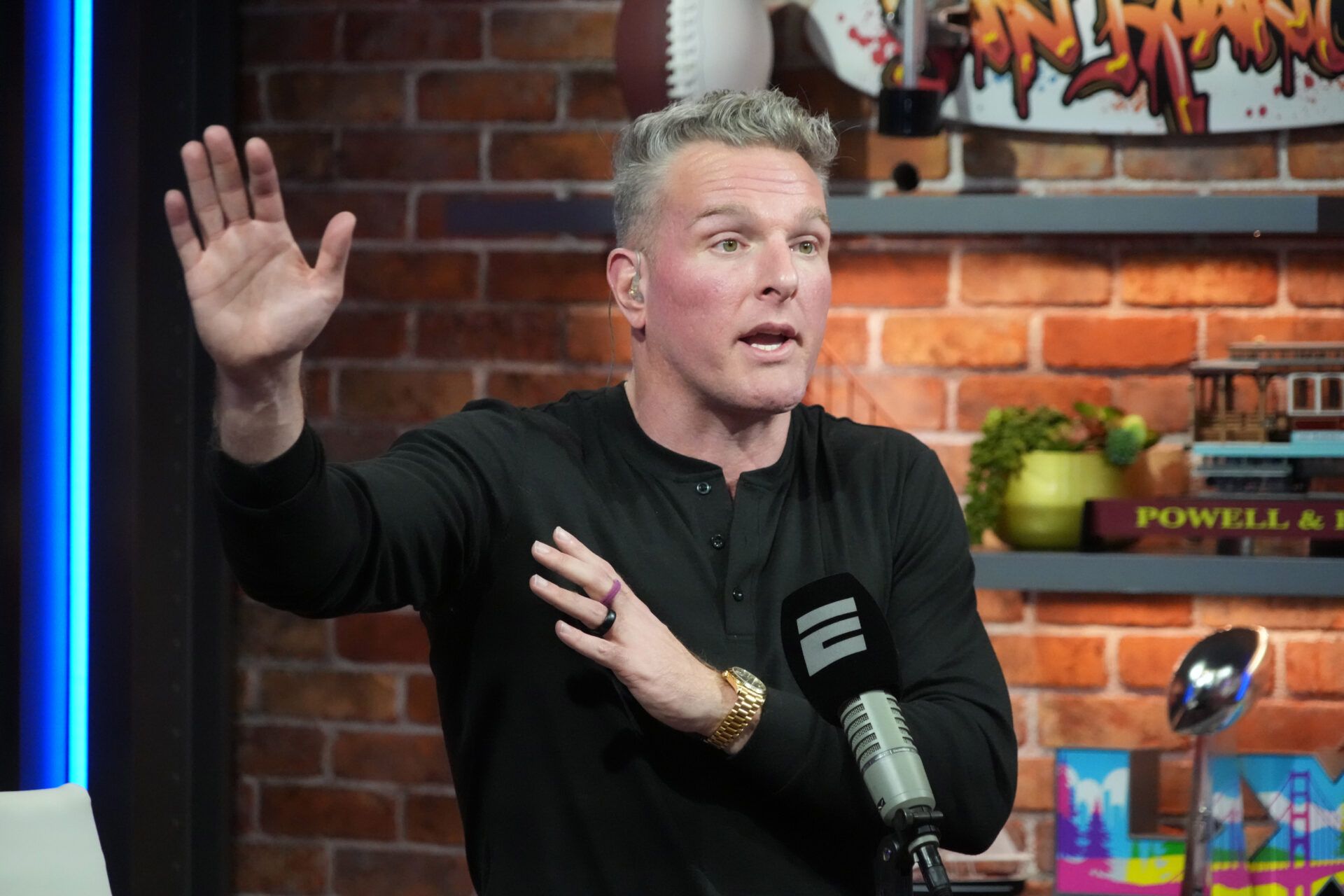 Pat McAfee on the Pat McAfee Show set at the Super Bowl LX media center at the Moscone Center.