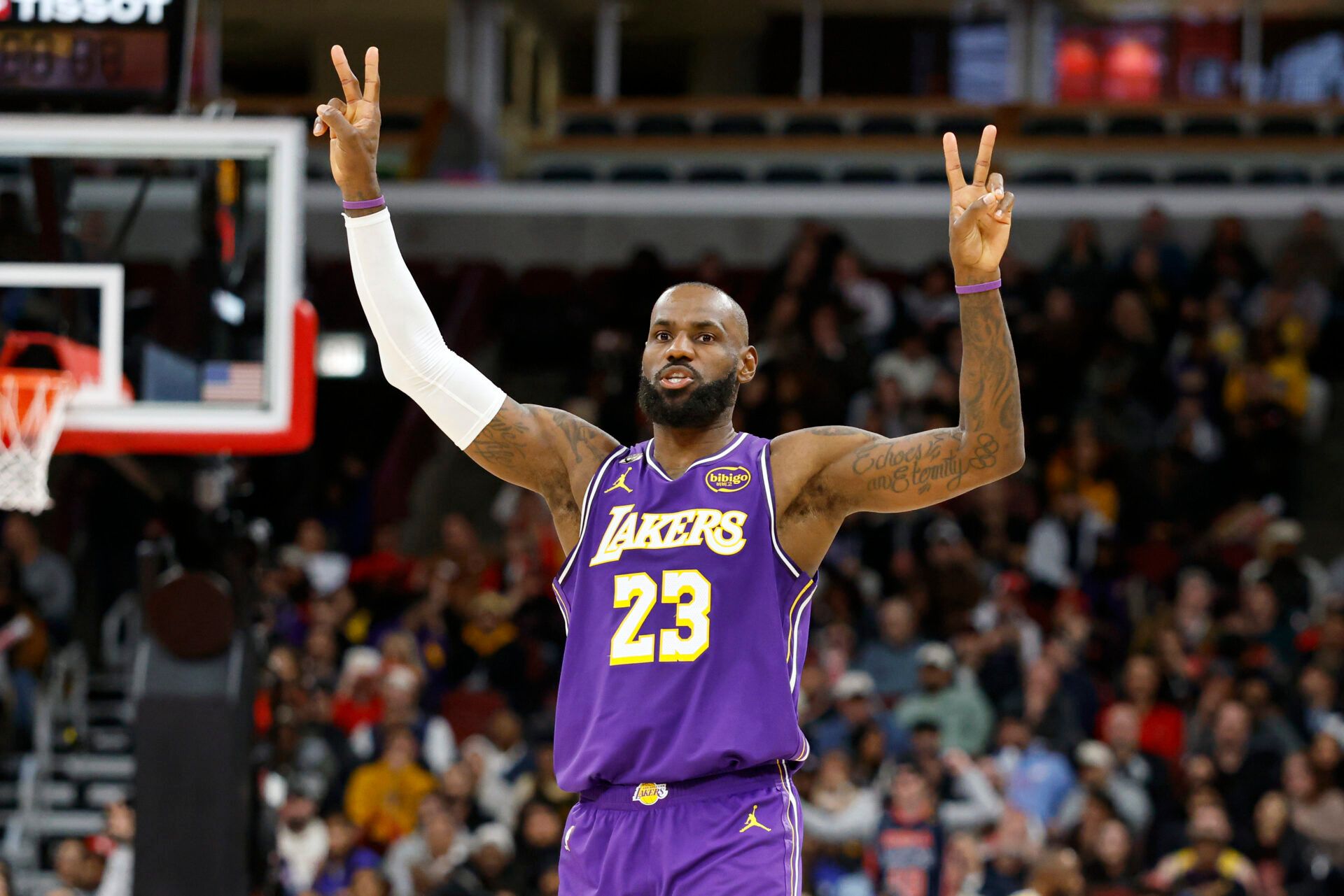 Los Angeles Lakers forward LeBron James (23) reacts against the Chicago Bulls during the second half at United Center.