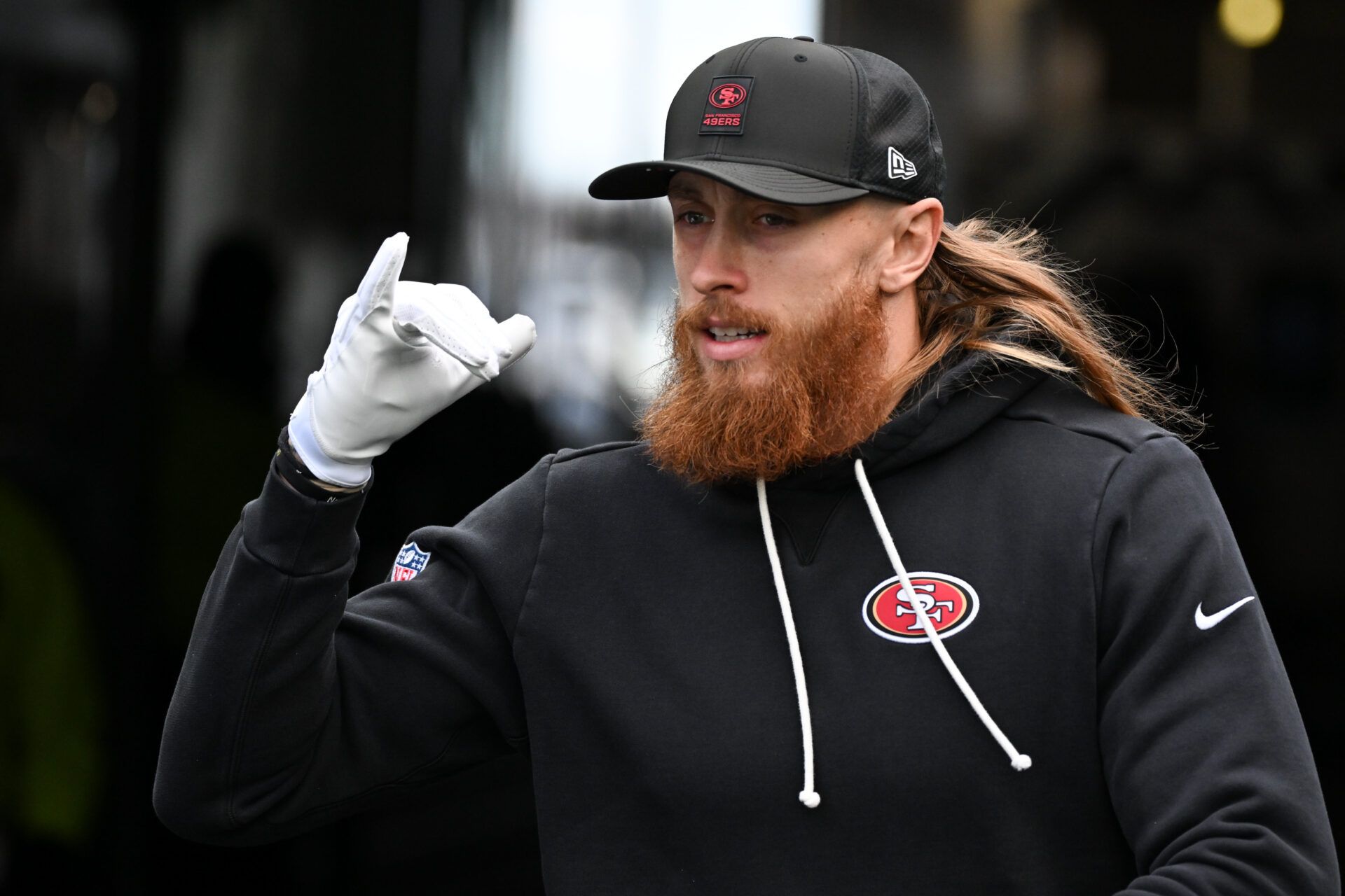 San Francisco 49ers tight end George Kittle (85) looks on during warmups prior to an NFC Wild Card Round game against the Philadelphia Eagles at Lincoln Financial Field.