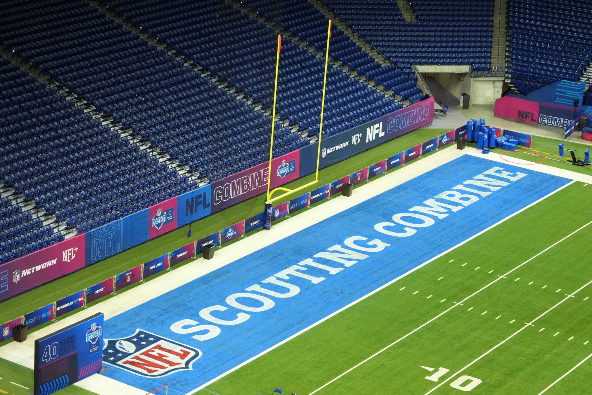 The NFL Scouting Combine logo in the end zone at Lucas Oil Stadium.