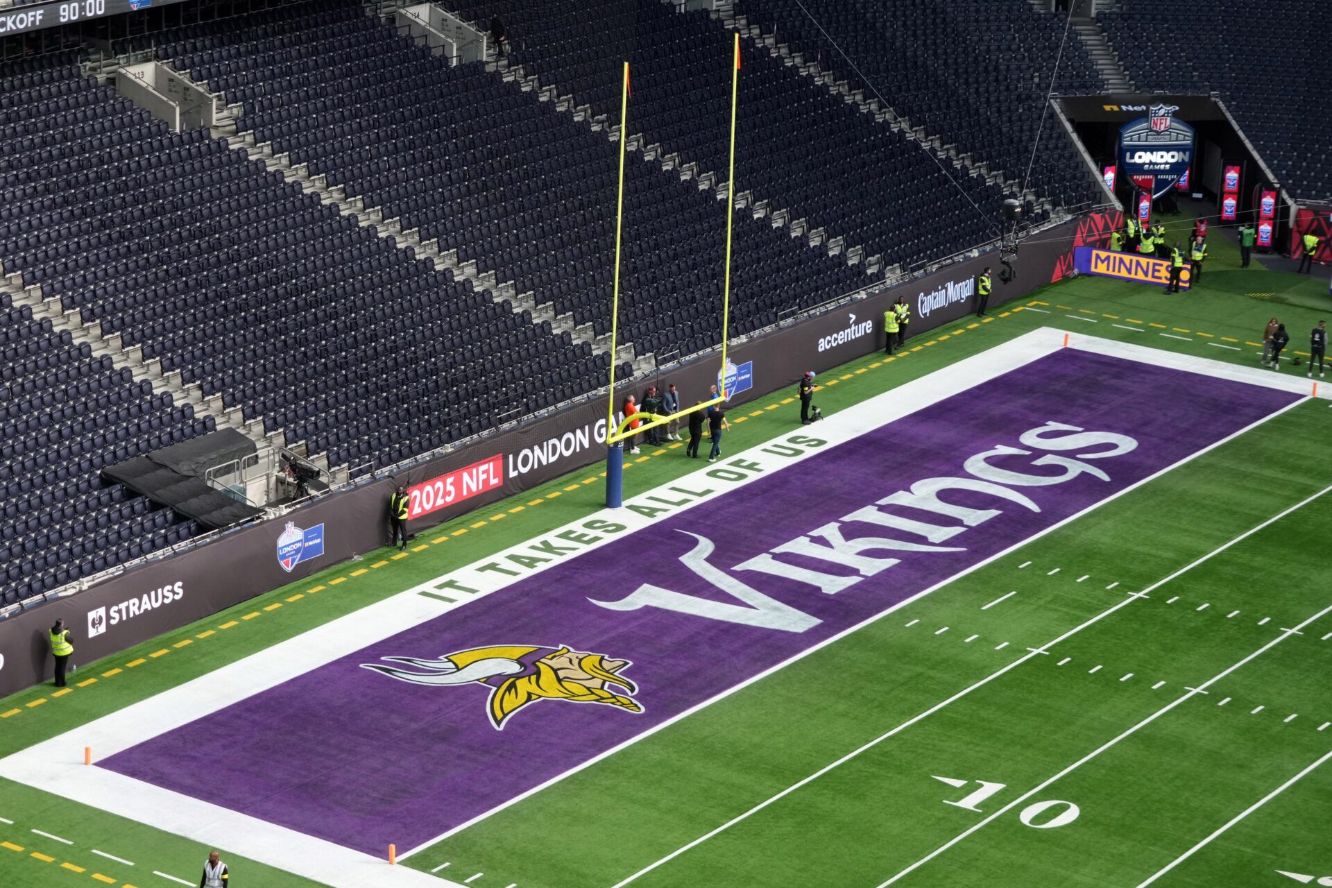 The Minnesota Vikings logo in the end zone during an NFL International Series game at Tottenham Hotspur Stadium.
