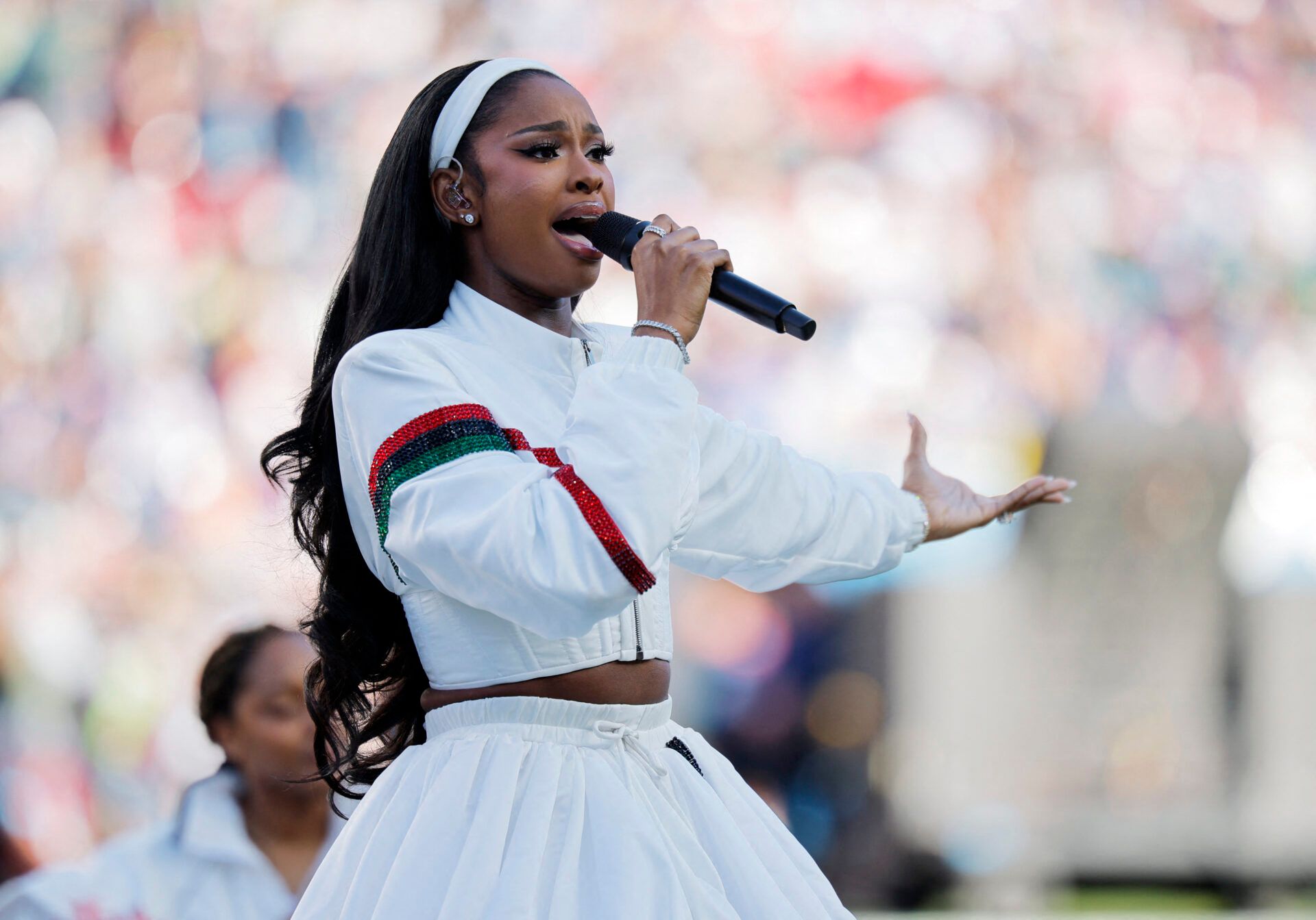 [US, Mexico & Canada customers only]  Feb 8, 2026; Santa Clara, CA, USA;  Recording artist Coco Jones performs before Super Bowl LX between the New England Patriots and the Seattle Seahawks at Levi's Stadium.