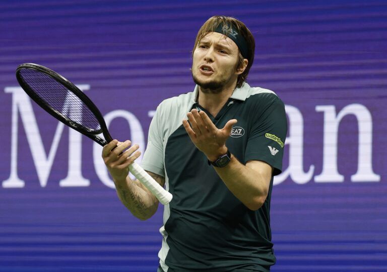 Alexander Bublik (KAZ) reacts after missing a shot against Tommy Paul (USA) (not pictured) on day seven of the 2025 US Open tennis championships at Billie Jean King National Tennis Center.