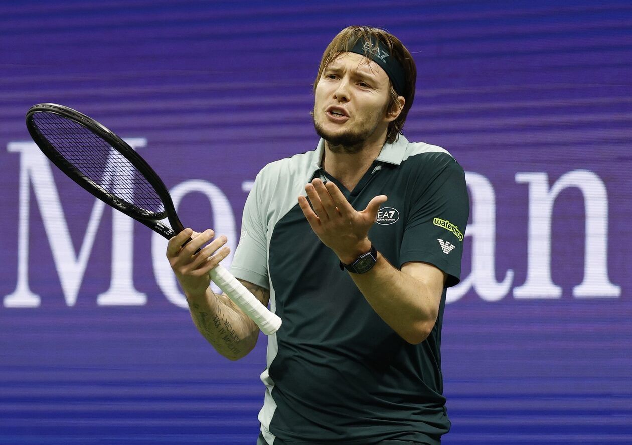 Alexander Bublik (KAZ) reacts after missing a shot against Tommy Paul (USA) (not pictured) on day seven of the 2025 US Open tennis championships at Billie Jean King National Tennis Center.