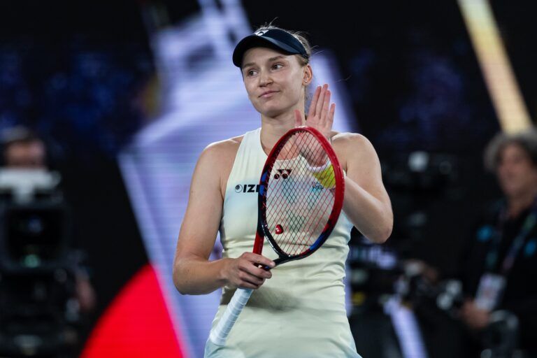 Elena Rybakina of Kazakhstan celebrates her victory over  Aryna Sabalenka in the final of the womens singles at the Australian Open at Rod Laver Arena in Melbourne Park.