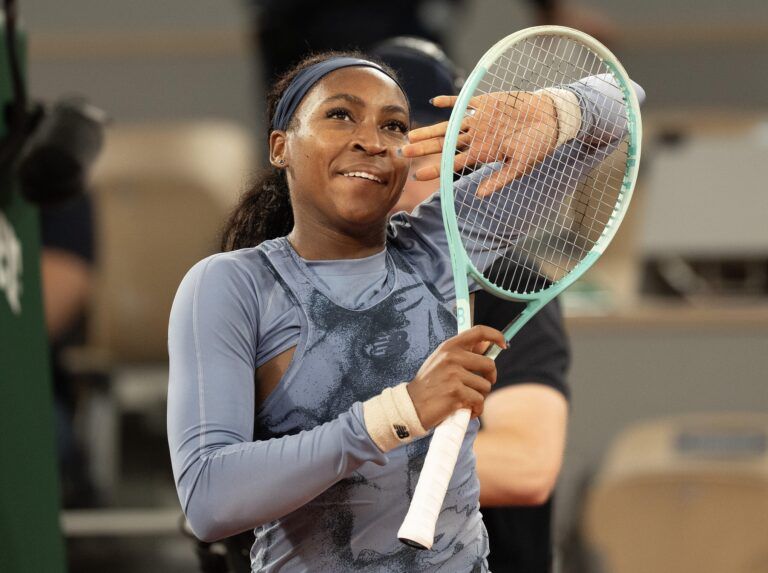 Coco Gauff of the United States celebrates winning her match  against Madison Keys of the United States on day 11 at Roland Garros Stadium.