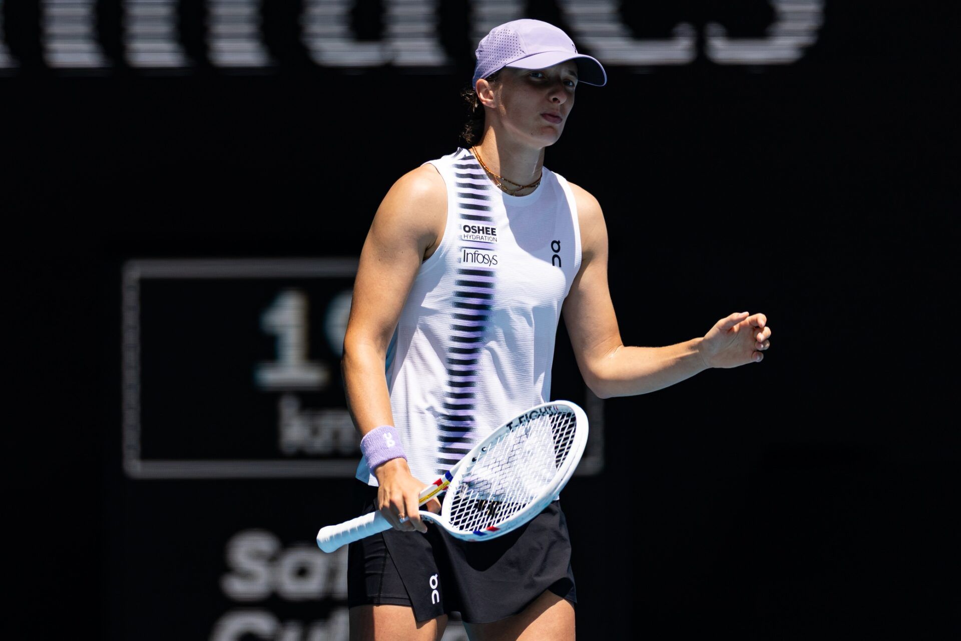 Iga Swiatek of Poland in action against Elena Rybakina of Kazakhstan in the quarterfinals of the women’s singles at the Australian Open at Rod Laver Arena in Melbourne Park.