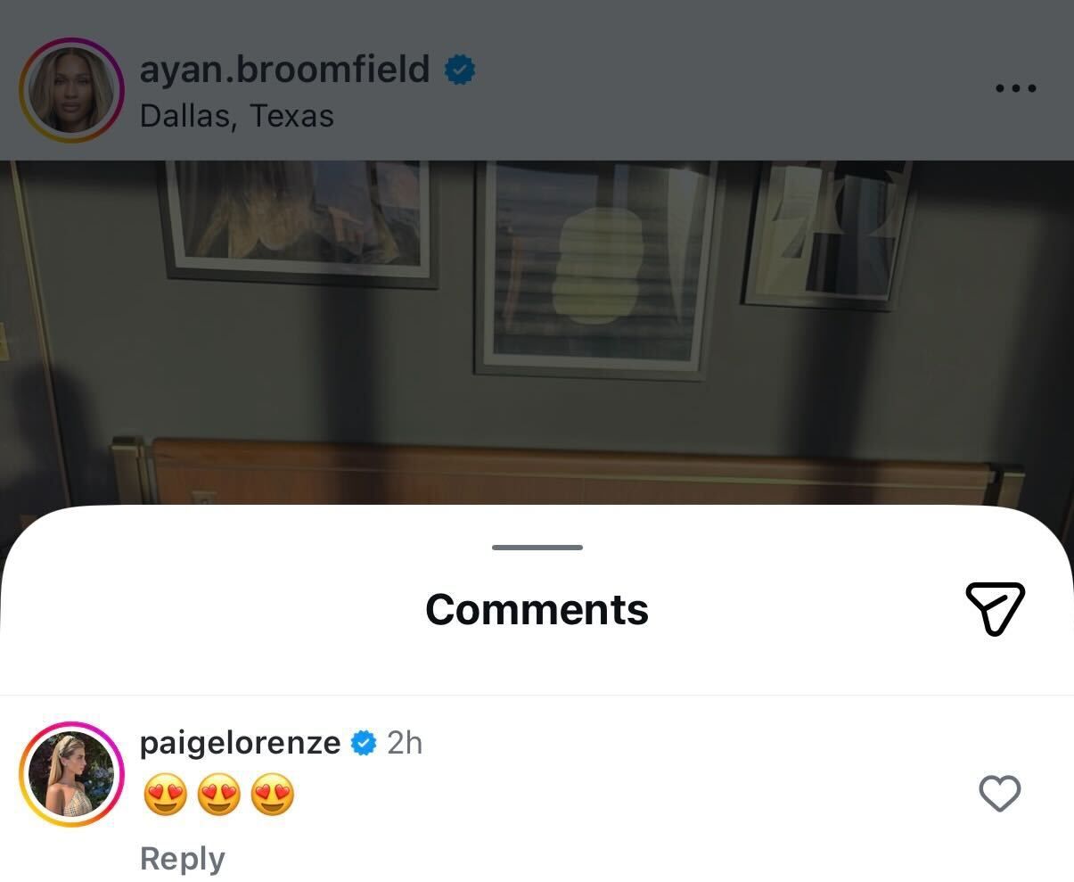Screen grab of Tommy Paul’s fiancée Paige Lorenze’s comment