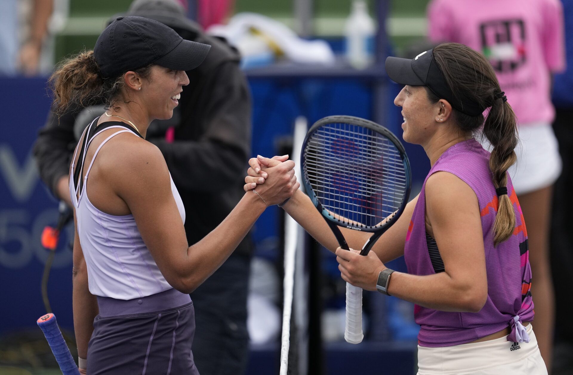 Jessica Pegula of the United States (right) greets Madison Keys of the United States (left) after their match during the San Diego Open at Barnes Tennis Center.