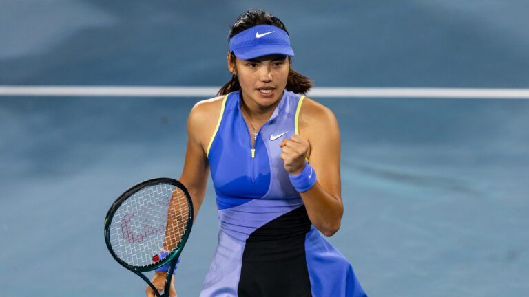 Emma Raducanu of United Kingdom celebrates her victory over Mananchaya Sawangkaew of Thailand in the first round of the women’s singles at the Australian Open at Margaret Court Arena in Melbourne Park.