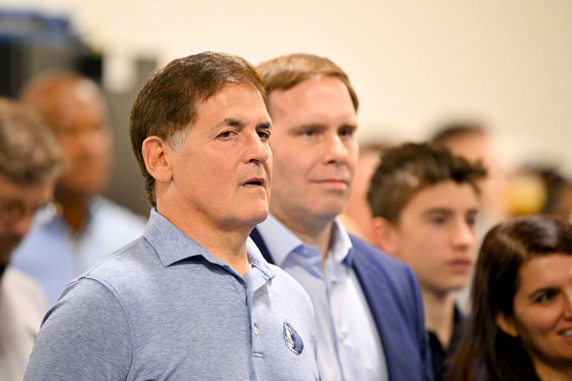 Dallas Mavericks minority owner Mark Cuban (left) and Mavericks governor Patrick Dumont (right) looks on a press conference at the Dallas Mavericks Practice Facility.