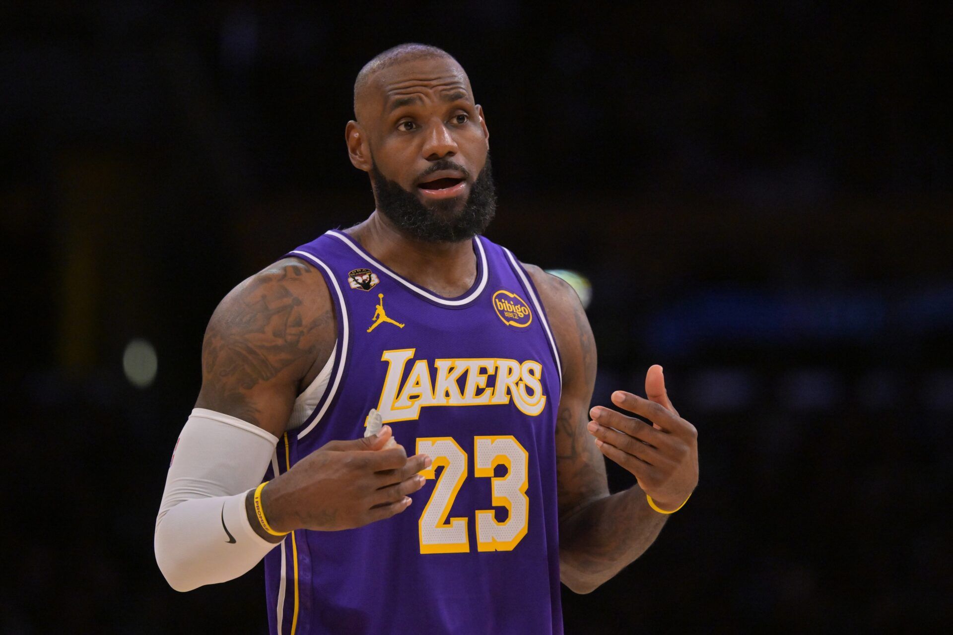 Los Angeles Lakers forward LeBron James (23) reacts after a foul in the second half against the Philadelphia 76ers at Crypto.com Arena.