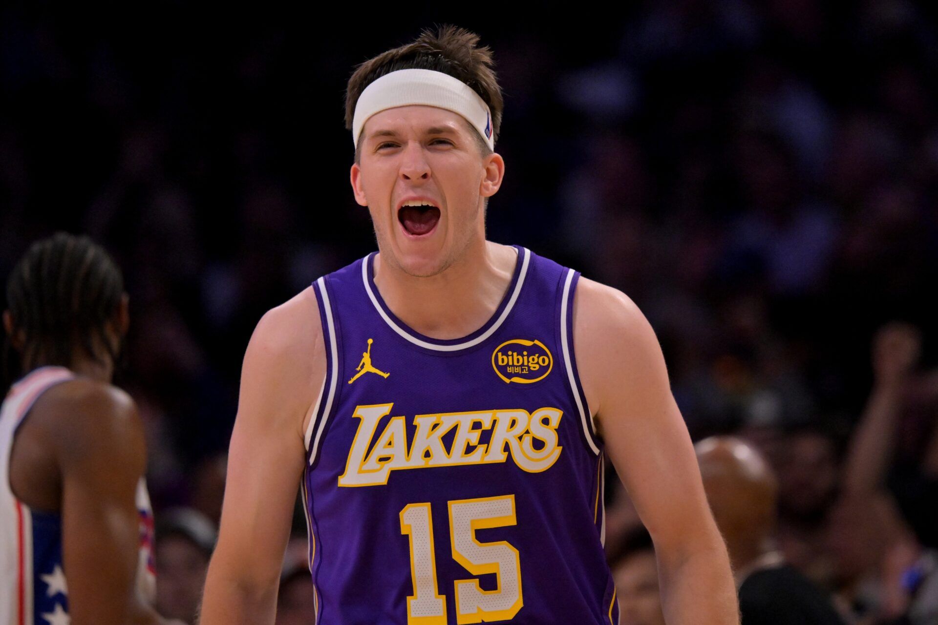 Los Angeles Lakers guard Austin Reaves (15) reacts at the buzzer defeating the Philadelphia 76ers at Crypto.com Arena.