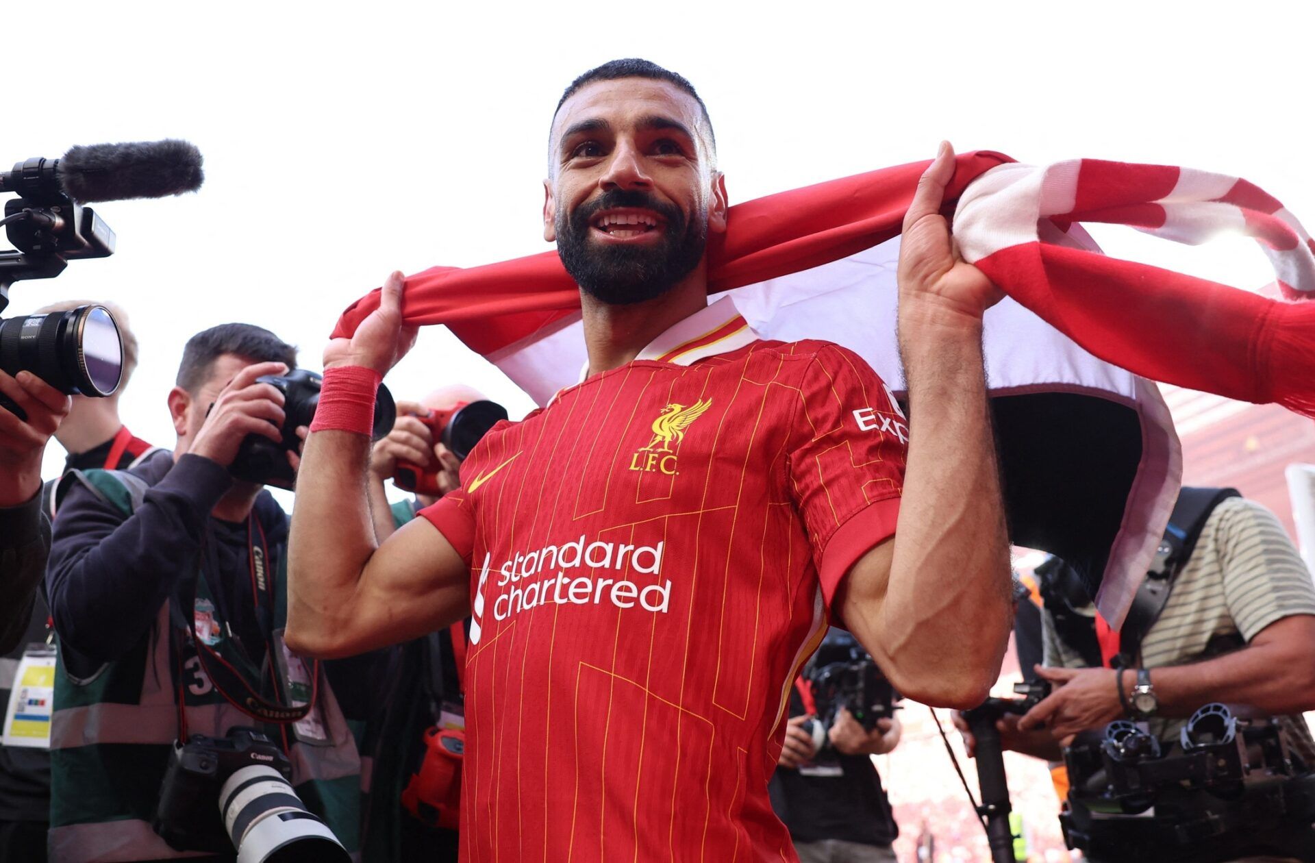 [US, Mexico & Canada customers only] April 27, 2025; Anfield, Liverpool, BRITAIN; Liverpool player Mohamed Salah celebrates after winning the Premier League.