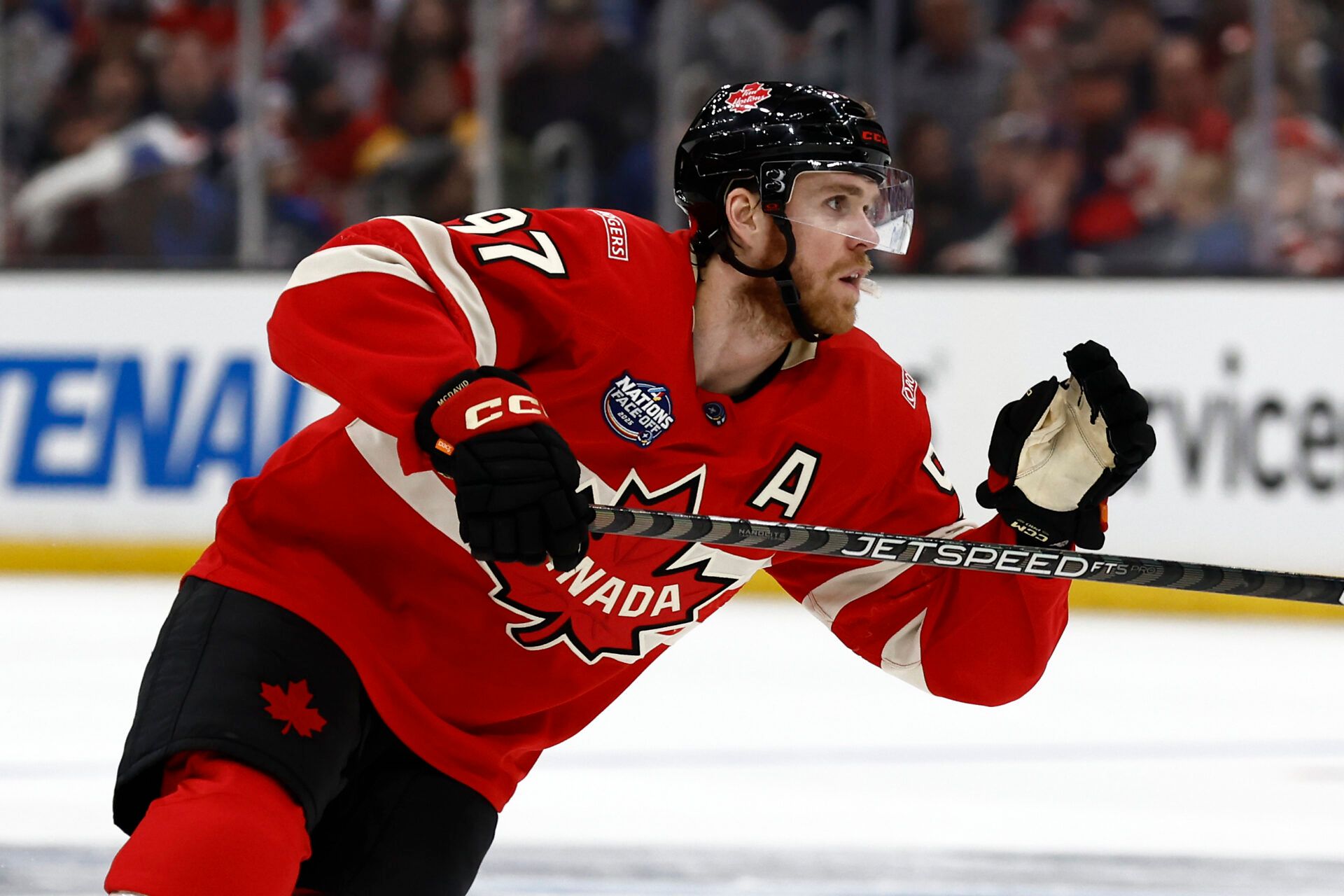 [Imagn Images direct customers only] Team Canada forward Connor McDavid (97) during the 4 Nations Face-Off ice hockey championship game against the United States at TD Garden.