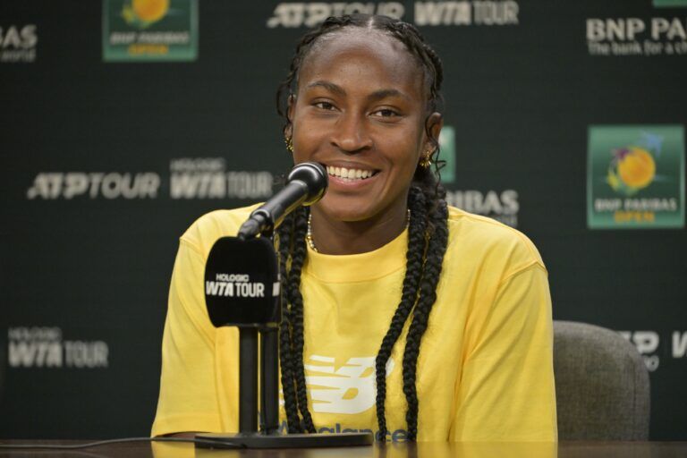 Coco Gauff (USA) talks to the media during a news conference during the BNP Paribas Open at the Indian Well Tennis Garden.