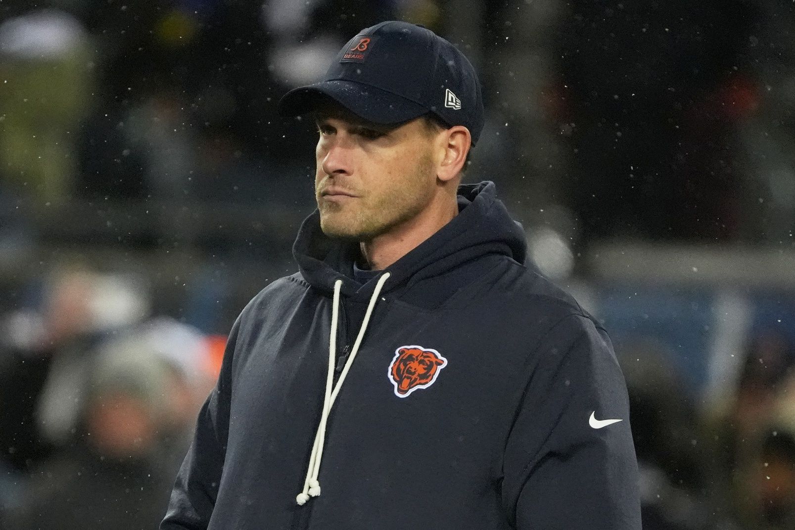 Chicago Bears head coach Ben Johnson looks on during warmups before an NFC Divisional Round game against the Los Angeles Rams at Soldier Field.