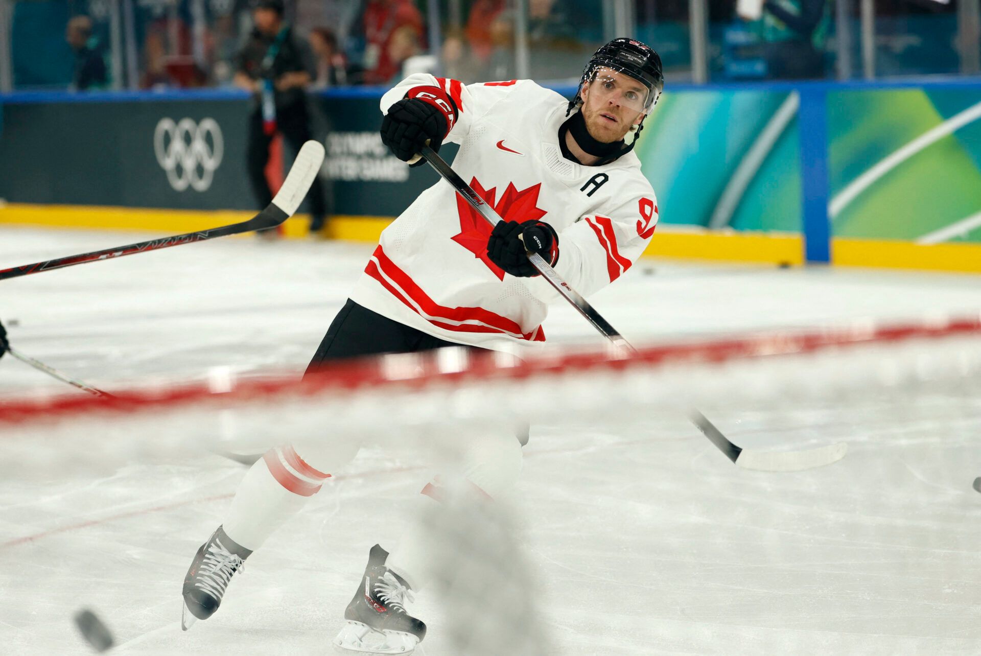 Connor McDavid of Canada during the warm up before the match against Czechia at Milano Santagiulia Ice Hockey Arena.