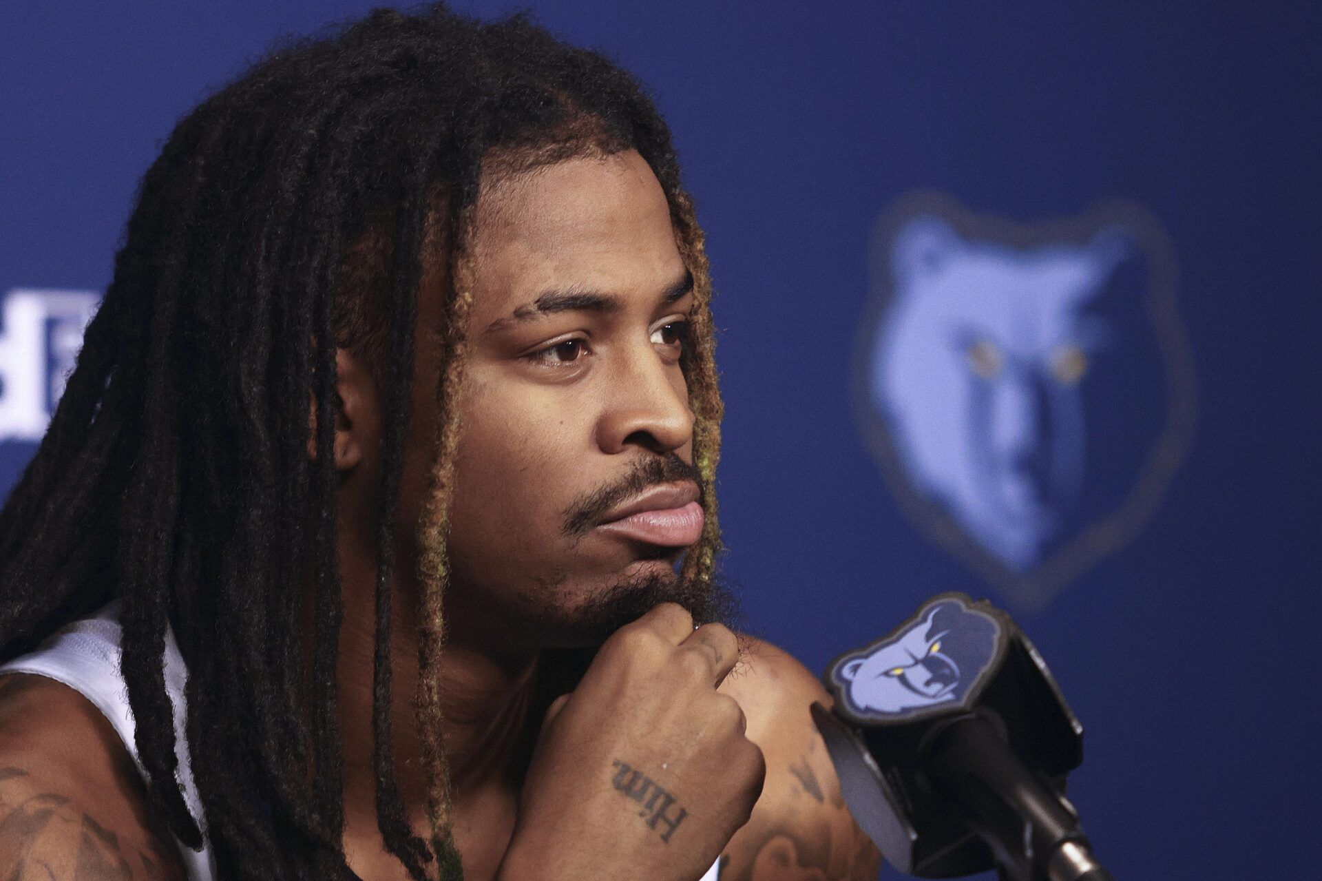 Memphis Grizzlies guard Ja Morant speaks to media during a press conference on media day at FedEx Forum.