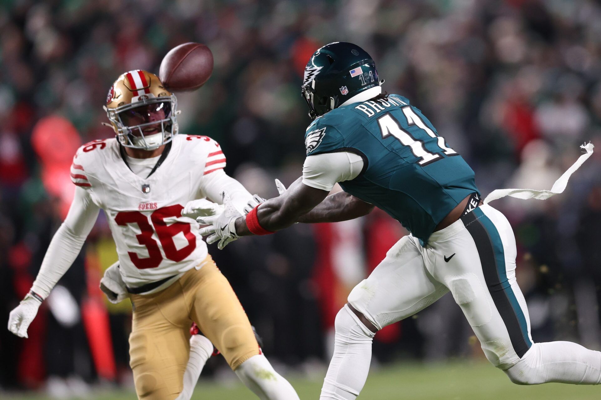 Philadelphia Eagles wide receiver A.J. Brown (11) is unable to make a catch as San Francisco 49ers safety Marques Sigle (36) looks on during the second quarter in an NFC Wild Card Round game at Lincoln Financial Field.