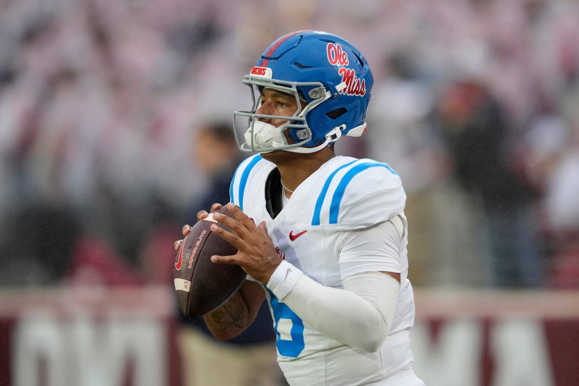 Ole Miss Rebels quarterback Trinidad Chambliss (6) warms up before a college football game between the University of Oklahoma Sooners (OU) and the Ole Miss Rebels at Gaylord Family Ð Oklahoma Memorial Stadium in Norman, Okla., Saturday, Oct. 25, 2025.