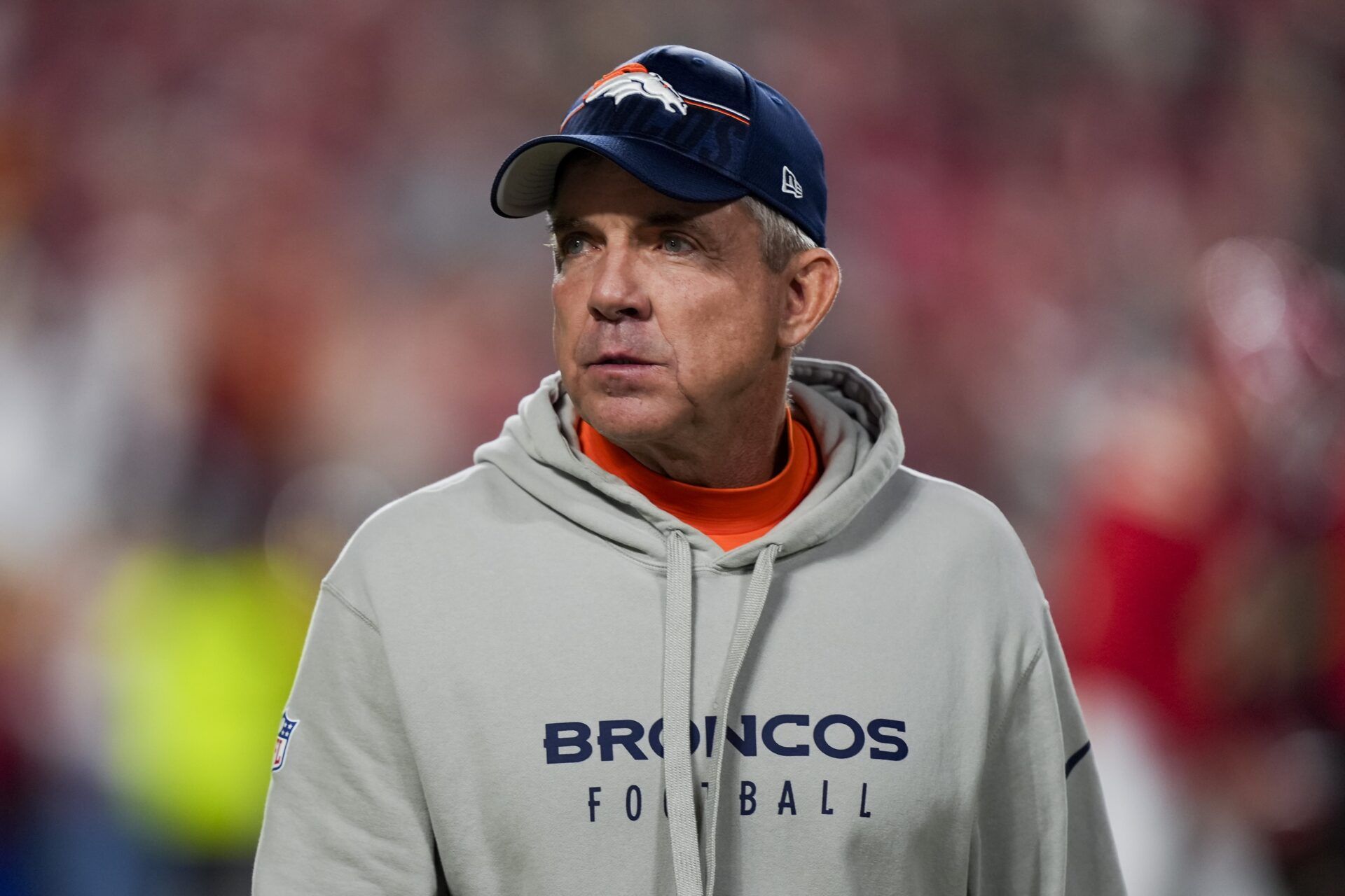 Denver Broncos head coach Sean Payton takes the field prior to a game against the Kansas City Chiefs at GEHA Field at Arrowhead Stadium.