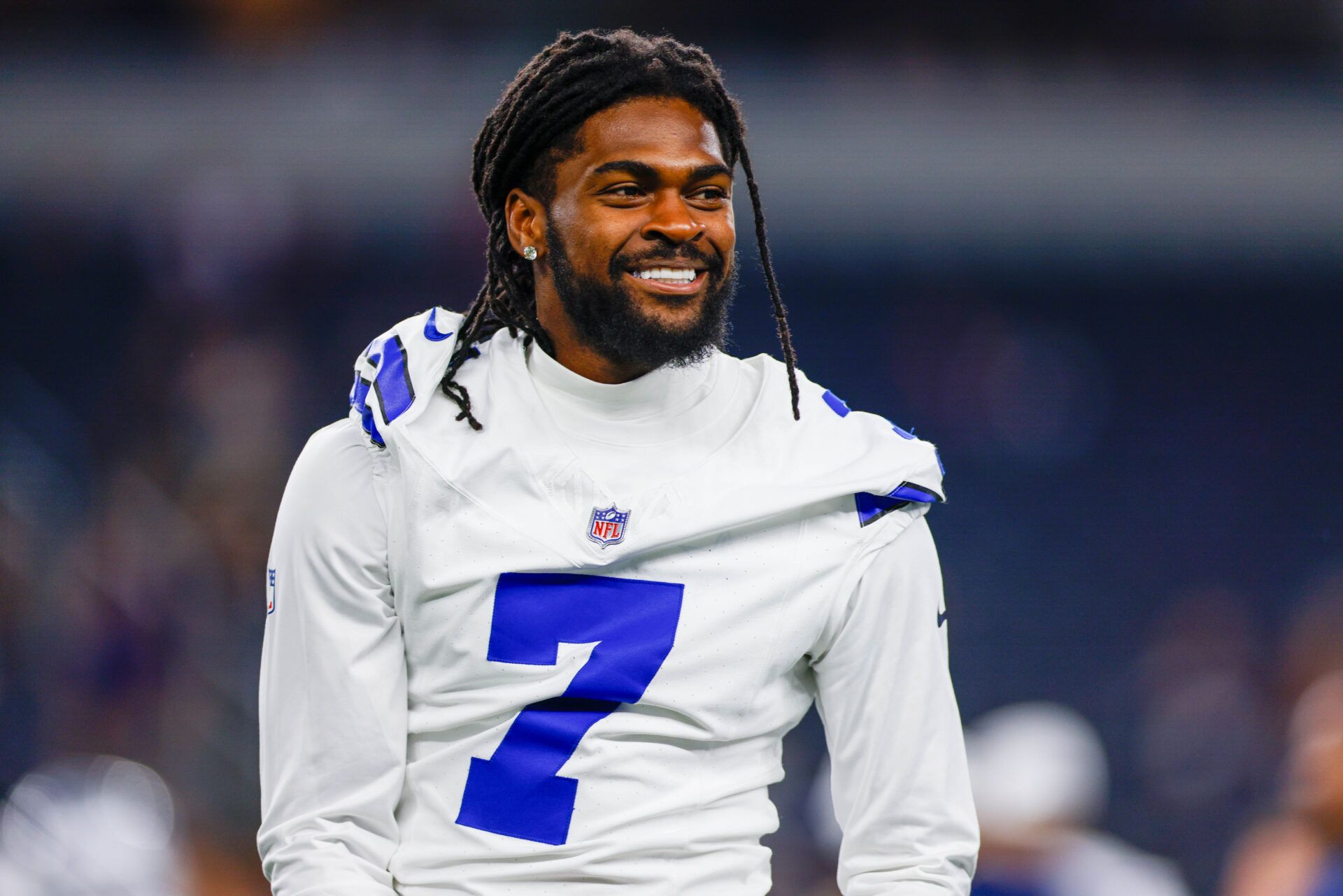 Dallas Cowboys cornerback Trevon Diggs (7) prior to the game against the Atlanta Falcons at AT&T Stadium.