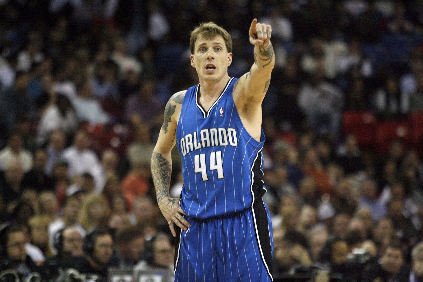 Orlando Magic guard Jason Williams (44) instructs a teammate to box out against the Sacramento Kings in the second half at Arco Arena. The Magic defeated the Kings 109-88.
