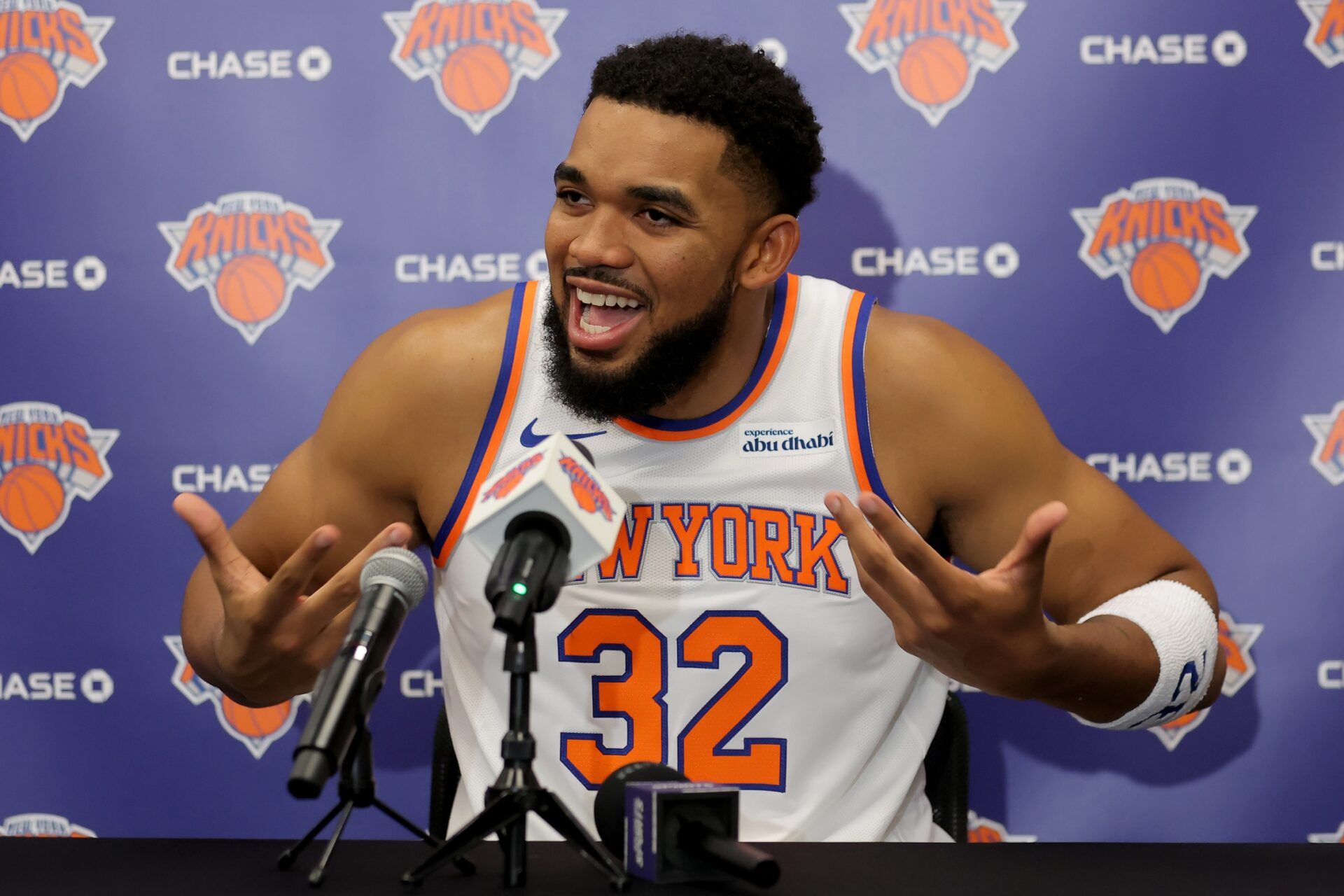New York Knicks center Karl-Anthony Towns speaks to the media during a media day press conference at the Madison Square Garden training center.